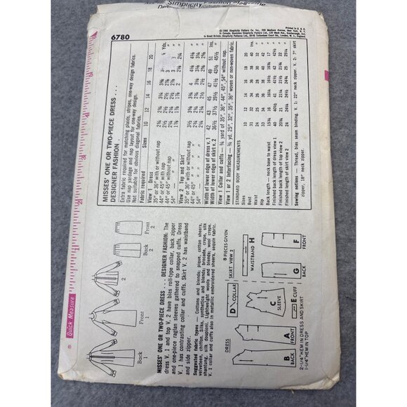 Simplicity 6780 Misses Dress Sewing Pattern Size 16 1966 Uncut - Picture 3 of 6